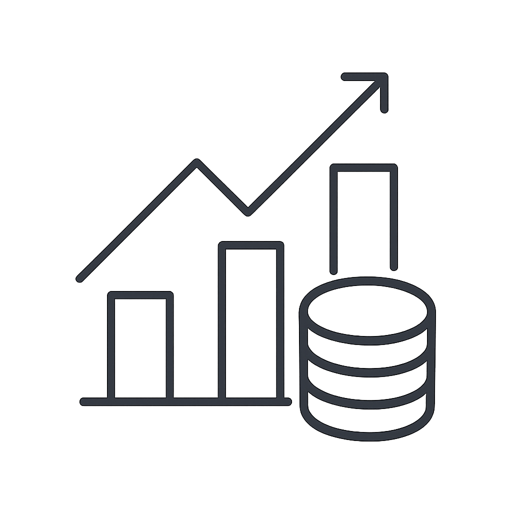 Image Description A simple line drawing of a house with a rising arrow, a bar-chart-style graph, and a stack of coins to t...