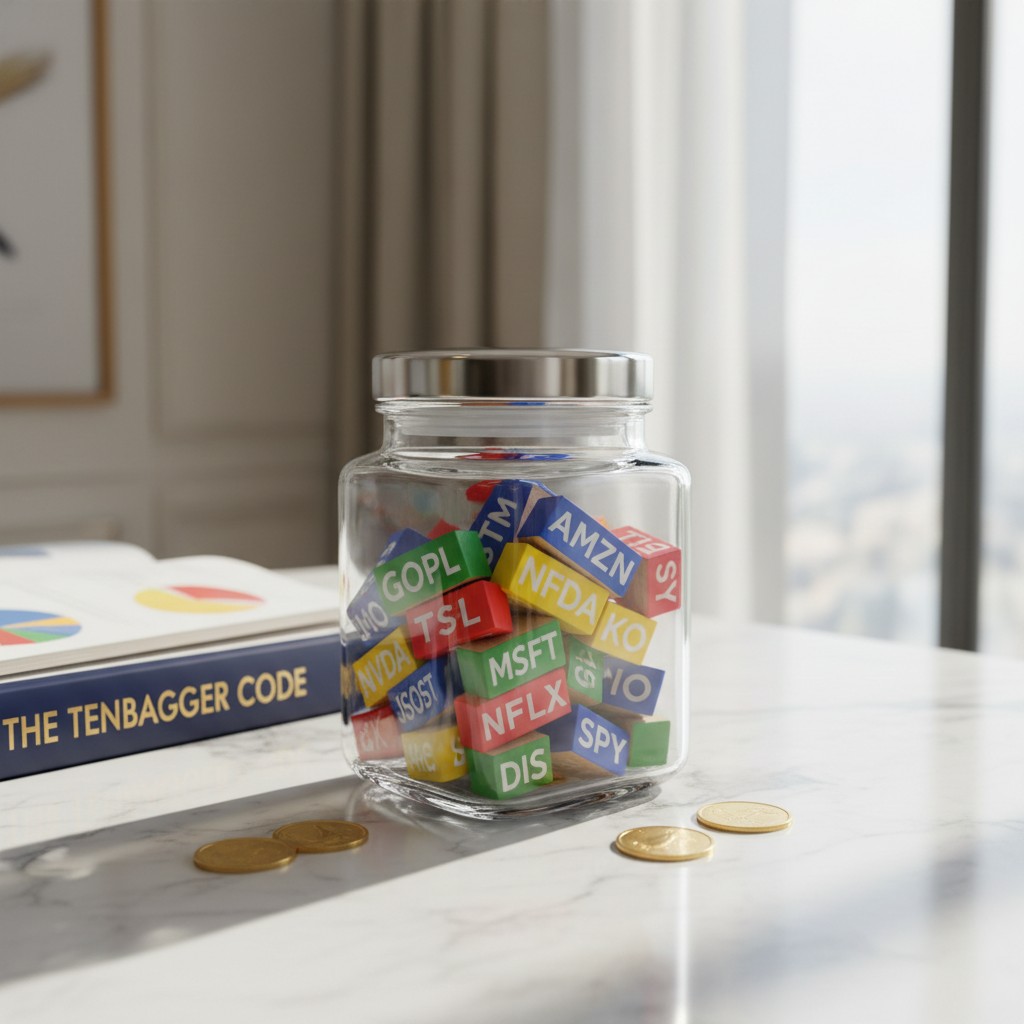 a glass jar filled with multicolored blocks of stock ticker symbols on a marble table surface with books and coins nearby