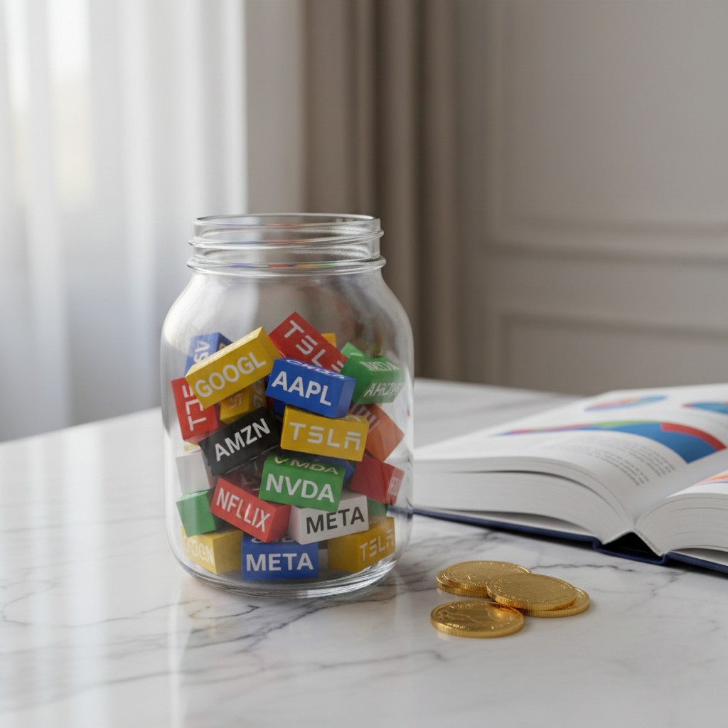 Blue-chip tech company logos on Lego blocks in a mason jar.